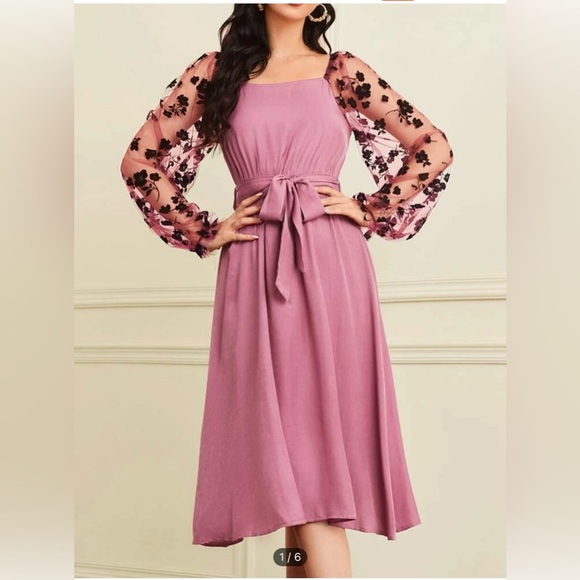 SHEIN Dresses & Skirts - Brand New Floral Print Mesh Bishop Sleeve Belted Dress